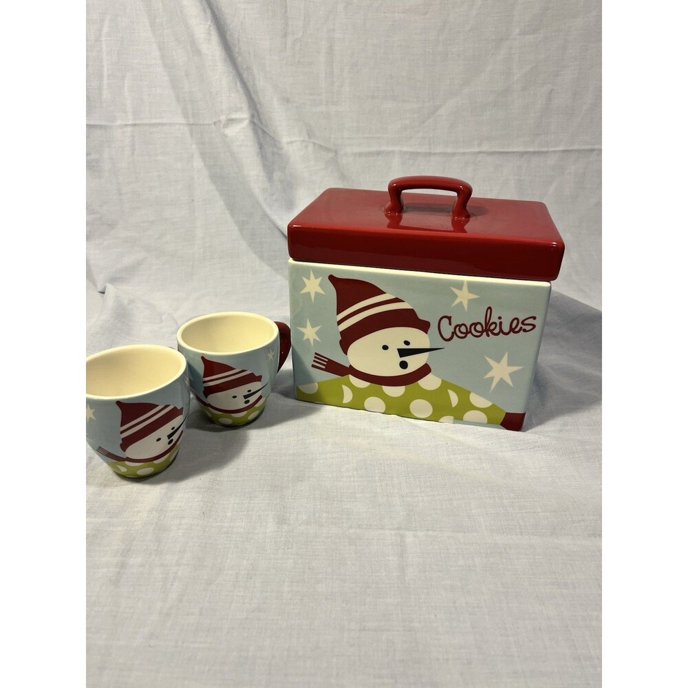 Harbor East Cookie Jar set w/2 mugs Medium Multicolor Snowman Christmas Gift